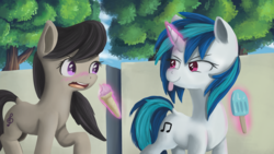 Size: 2560x1440 | Tagged: safe, artist:ailynd, dj pon-3, octavia melody, vinyl scratch, earth pony, pony, unicorn, g4, blushing, duo, female, food, ice cream, mare, smiling, tongue out