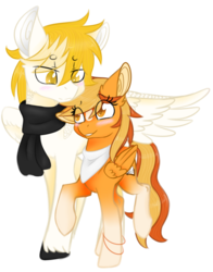Size: 1282x1639 | Tagged: safe, artist:emypony, oc, oc only, oc:serenity, oc:white feather, pegasus, pony, clothes, couple, cute, scarf, serenither