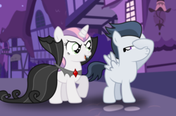 Size: 2421x1598 | Tagged: safe, artist:meandmyideas, rumble, sweetie belle, pony, g4, clothes, costume, covering face, cute, female, foal, male, night, one eye closed, ponyville, sharp teeth, ship:rumbelle, shipping, smiling, straight, teeth, vector