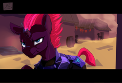 Size: 2000x1360 | Tagged: safe, artist:fizzlesoda2000, tempest shadow, pony, unicorn, g4, my little pony: the movie, armor, broken horn, building, commander, eye scar, female, horn, mare, scar, scenery, solo, sparking horn