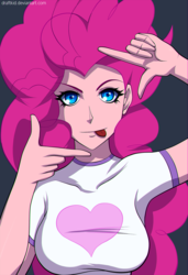 Size: 1006x1471 | Tagged: safe, artist:draftkid, pinkie pie, human, g4, breasts, busty pinkie pie, clothes, female, heart, humanized, looking at you, shirt, solo, tongue out