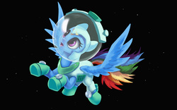Size: 1500x938 | Tagged: safe, artist:egn, rainbow dash, pegasus, pony, g4, astrodash, astronaut, atg 2017, clothes, costume, equestria daily exclusive, female, newbie artist training grounds, open mouth, solo, space, spacesuit, spread wings, stars, wings