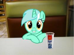 Size: 1037x777 | Tagged: safe, artist:jawsandgumballfan24, artist:kuren247, lyra heartstrings, pony, unicorn, g4, cup, drink, irl, looking at you, mcdonald's, paper cup, photo, ponies in real life, sitting, smiling, soda, solo