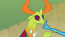 Size: 1920x1080 | Tagged: safe, screencap, princess ember, thorax, changedling, changeling, dragon, g4, triple threat, boop, cross-eyed, discovery family logo, finger, king thorax, out of context, shhh, shipping fuel