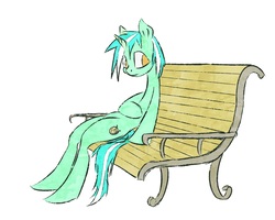 Size: 1344x1076 | Tagged: safe, artist:akweer, lyra heartstrings, pony, unicorn, g4, bench, female, hoof on belly, mare, no pupils, simple background, sitting, sitting lyra, solo, white background