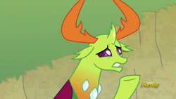 Size: 1024x576 | Tagged: safe, screencap, princess ember, thorax, changedling, changeling, dragon, g4, triple threat, animated, assertive, blinking, cute, discovery family logo, female, finger, king thorax, male, shhh, shipping fuel, sound, stop talking, teaching, thorabetes, webm