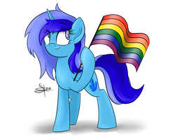 Size: 5420x4200 | Tagged: safe, artist:airfly-pony, oc, oc only, oc:spacelight, pony, unicorn, rcf community, absurd resolution, female, flag, gay pride, gay pride flag, hoof hold, looking back, mare, pride, pride flag, signature, simple background, smiling, solo, white background