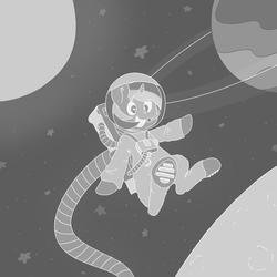 Size: 1100x1100 | Tagged: safe, artist:grim ponka, lyra heartstrings, pony, unicorn, g4, astronaut, atg 2017, female, grayscale, monochrome, newbie artist training grounds, planet, smiling, solo, space, spacesuit