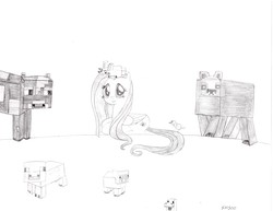Size: 3300x2550 | Tagged: safe, artist:sms00, fluttershy, chicken, cow, lamb, pony, sheep, g4, crossover, high res, minecraft, traditional art