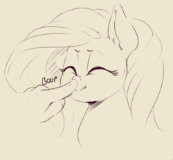 Size: 875x805 | Tagged: dead source, safe, artist:sirmasterdufel, fluttershy, pegasus, pony, g4, boop, bust, cute, disembodied hand, eyes closed, female, hand, mare, monochrome, scrunchy face, shyabetes, smiling