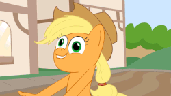 Size: 640x360 | Tagged: safe, artist:piemations, applejack, earth pony, pony, friendship is violence, g4, animated, caption, derp, faic, female, gif, grimdark source, hand, kek, solo, suddenly hands, thumbs up, top kek, wat