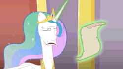 Size: 640x360 | Tagged: safe, artist:piemations, princess celestia, alicorn, pony, friendship is violence, g4, animated, disgusted, female, gif, glowing horn, grimdark source, horn, jewelry, levitation, magic, piemations what have you done, regalia, scroll, solo, telekinesis
