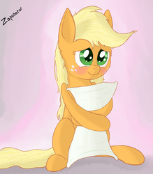 Size: 2228x2542 | Tagged: safe, artist:zaponator, applejack, earth pony, pony, g4, blushing, cute, female, high res, hug, jackabetes, pillow, pillow hug, simple background, solo