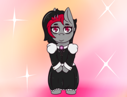 Size: 1300x1000 | Tagged: safe, artist:lazerblues, oc, oc only, oc:miss eri, pony, black and red mane, blushing, clothes, cuffs (clothes), dress, looking at you, maid, smiling, solo, two toned mane, wingding eyes