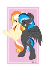 Size: 1436x2217 | Tagged: safe, artist:keplerspacepony, oc, oc only, oc:candy sweets, oc:kepler, earth pony, pegasus, pony, cute, eyes closed, heart, holding a pony, hug, one eye open, simple background, transparent background