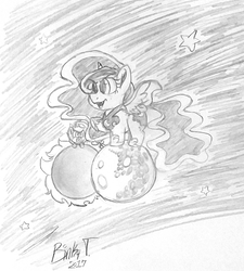 Size: 1796x2000 | Tagged: safe, artist:binkyt11, daybreaker, nightmare moon, alicorn, pony, g4, angry, atg 2017, chibi, cute, cute little fangs, eclipse, fangs, grayscale, mare in the moon, missing accessory, monochrome, moon, newbie artist training grounds, onward, solar eclipse, space, stars, sun, traditional art