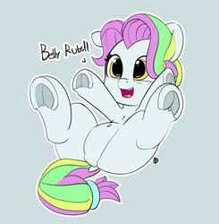 Size: 6535x6677 | Tagged: safe, artist:pabbley, coconut cream, earth pony, pony, fame and misfortune, g4, 30 minute art challenge, absurd resolution, belly button, bellyrubs, coconut cute, cute, dock, female, filly, frog (hoof), on back, open mouth, pabbley is trying to murder us, pubic mound, solo, speech, underhoof