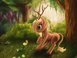 Size: 1600x1200 | Tagged: safe, artist:zetamad, oc, oc only, butterfly, deer pony, original species, pony, :o, antlers, cute, eyes on the prize, flower, forest, grass, nature, open mouth, raised hoof, scenery, solo, tree