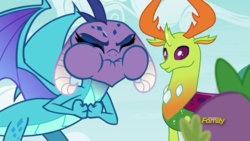Size: 1280x720 | Tagged: safe, screencap, princess ember, spike, thorax, changedling, changeling, dragon, g4, triple threat, discovery family logo, dragon lord ember, king thorax, puffy cheeks, red face, sweat