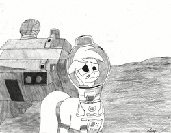 Size: 3241x2529 | Tagged: safe, artist:algernon97, derpy hooves, pony, g4, astronaut, atg 2017, female, grayscale, high res, monochrome, moon, moon (film), newbie artist training grounds, sad, solo, space, spacesuit, vehicle