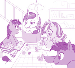 Size: 900x817 | Tagged: safe, artist:dstears, night light, shining armor, twilight sparkle, twilight velvet, pony, unicorn, g4, atg 2017, boop, cute, dungeons and dragons, family, magic, monochrome, newbie artist training grounds, ogres and oubliettes, rules lawyer, telekinesis, younger