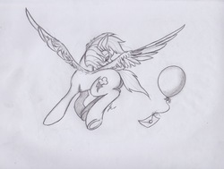 Size: 2211x1672 | Tagged: safe, artist:scribblepwn3, rainbow dash, pegasus, pony, g4, balloon, female, flying, letter, mare, monochrome, pencil drawing, solo, traditional art, underhoof