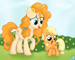 Size: 1250x1000 | Tagged: safe, artist:liniitadash23, applejack, pear butter, earth pony, pony, g4, the cutie mark chronicles, the perfect pear, applejack's cutie mark, cute, female, filly, filly applejack, flower, flower in hair, freckles, jackabetes, like mother like daughter, like parent like child, mare, mother and daughter, show accurate, smiling, younger