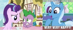 Size: 640x268 | Tagged: safe, hundreds of users filter this tag, spike, starlight glimmer, trixie, dragon, pony, unicorn, g4, triple threat, female, glimmerbetes, looking at each other, male, mare, open mouth, screenshots, ship:sparlight, shipper on deck, shipping, straight, the amazing trio of friendship, the great and powerful shipper