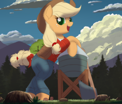 Size: 2500x2140 | Tagged: safe, artist:ncmares, applejack, earth pony, pony, g4, applejack bunyan, axe, bipedal, bipedal leaning, clothes, female, giant pony, high res, leaning, macro, saddle bag, solo, tree, water tower, weapon, wip