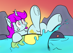 Size: 2000x1450 | Tagged: safe, artist:fleet-wing, artist:koonzypony, oc, oc only, oc:blooming corals, pony, unicorn, blind, inflatable, inner tube, lake, pool toy, splash, water