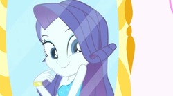 Size: 640x355 | Tagged: safe, screencap, rarity, human, equestria girls, g4, make up shake up, my little pony equestria girls: summertime shorts, beautiful, bracelet, cute, eyebrows, eyeshadow, fall formal outfits, female, jewelry, makeup, mirror, raribetes, smiling, solo