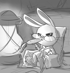 Size: 1222x1280 | Tagged: safe, artist:28gooddays, angel bunny, g4, bathrobe, carrot, clothes, food, glasses, grayscale, lantern, male, monochrome, robe, slippers, solo