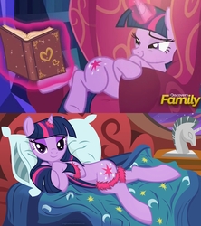 Size: 1705x1920 | Tagged: safe, artist:illuminatiums, edit, edited screencap, screencap, twilight sparkle, alicorn, pony, g4, triple threat, bedroom, bedroom eyes, book, chair, comparison, discovery family logo, female, show accurate, solo, that pony sure does love books, that pony sure does love chairs, twilight sparkle (alicorn)