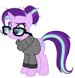 Size: 735x758 | Tagged: safe, artist:marian9, starlight glimmer, pony, unicorn, g4, alternate hairstyle, alternate universe, backwards cutie mark, clothes, cute, female, glasses, hair bun, mare, messy mane, simple background, solo, sweater, transparent background