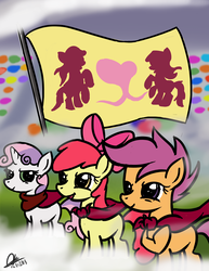 Size: 2550x3300 | Tagged: safe, artist:mrasianhappydude, apple bloom, scootaloo, sweetie belle, earth pony, pegasus, pony, unicorn, flight to the finish, g4, cape, clothes, cutie mark crusaders, female, filly, flag, hearts as strong as horses, high res, ponyville flag, trio