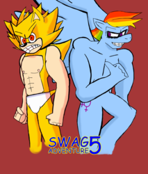 Size: 2267x2667 | Tagged: safe, artist:jaredhedgehog, rainbow dash, anthro, .mov, swag.mov, g4, alternate cutie mark, briefs, clothes, crossover, high res, male, male nipples, nipples, sonic the hedgehog, sonic the hedgehog (series), super sonic, underwear, white underwear