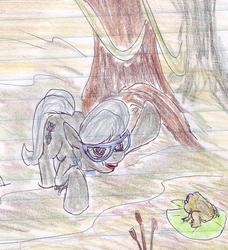 Size: 593x649 | Tagged: safe, artist:scurilevensteinother, silver spoon, frog, pony, g4, female, lined paper, newbie artist training grounds, pond, solo, traditional art, tree