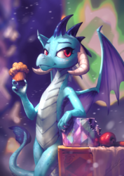 Size: 850x1200 | Tagged: safe, artist:assasinmonkey, princess ember, dragon, g4, triple threat, apple, armpits, carrot, crystal, dragoness, female, food, horns, looking at you, muffin, pure unfiltered evil, solo, spread wings, wings