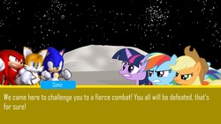 Size: 1024x576 | Tagged: safe, artist:bvge, applejack, rainbow dash, twilight sparkle, pony, g4, benedetta ponticelli, crossover, italian, knuckles the echidna, male, miles "tails" prower, sonic generations, sonic the hedgehog, sonic the hedgehog (series), voice actor joke