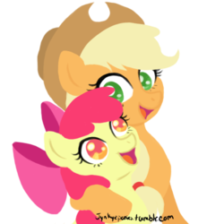 Size: 500x500 | Tagged: safe, artist:jynkyz, apple bloom, applejack, earth pony, pony, g4, adorabloom, apple bloom's bow, bow, colored pupils, cute, duo, female, filly, hair bow, hug, jackabetes, looking at each other, mare, open mouth, signature, simple background, sisters, transparent background