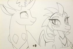Size: 1023x687 | Tagged: safe, artist:evergreen-gemdust, princess ember, thorax, changedling, changeling, dragon, g4, triple threat, female, interspecies, king thorax, male, monochrome, ship:embrax, shipping, straight, traditional art