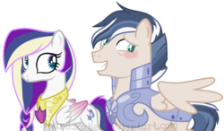 Size: 1024x599 | Tagged: safe, artist:ipandacakes, oc, oc only, oc:euphony, oc:ice lance, pegasus, pony, armor, blushing, colored wings, colored wingtips, crystal guard, crystal guard armor, female, male, mare, offspring, parent:princess cadance, parent:shining armor, parents:shiningcadance, simple background, stallion, story included, transparent background