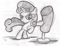 Size: 2144x1648 | Tagged: safe, artist:fillerartist, sweetie belle, pony, unicorn, g4, blank flank, boxing, female, filly, foal, monochrome, punching bag, signature, sketch, solo, traditional art