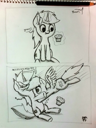 Size: 3072x4096 | Tagged: safe, artist:php142, derpy hooves, oc, oc:purple flix, pegasus, pony, g4, :p, comic, cute, female, flying, food, male, monochrome, muffin, smack, tongue out, traditional art