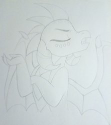 Size: 1024x1159 | Tagged: safe, artist:evergreen-gemdust, princess ember, dragon, g4, triple threat, female, monochrome, scene interpretation, sketch, solo, traditional art