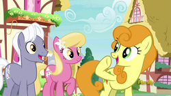 Size: 1920x1080 | Tagged: safe, screencap, carrot top, golden harvest, lily, lily valley, royal riff, earth pony, pony, g4, season 7, triple threat, background pony, discovery family logo, female, flower, flower in hair, lily (flower), male, mare, open mouth, raised hoof, stallion, trio