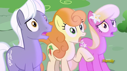 Size: 1920x1080 | Tagged: safe, screencap, carrot top, golden harvest, lily, lily valley, royal riff, earth pony, pony, g4, triple threat, background pony, discovery family logo, female, flower, flower in hair, lily (flower), male, mare, open mouth, raised hoof, scared, stallion, trio