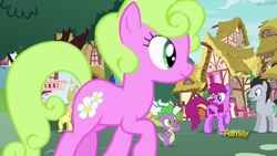 Size: 1920x1080 | Tagged: safe, screencap, berry punch, berryshine, carrot top, daisy, flower wishes, golden harvest, lucky clover, spike, dragon, pony, g4, triple threat, discovery family logo, female, male, mare, stallion