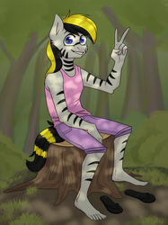 Size: 981x1310 | Tagged: safe, artist:chibadeer, oc, oc only, oc:sly, zebra, anthro, plantigrade anthro, clothes, male, pants, sandals, shirt, sitting, solo, tree stump