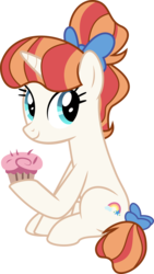 Size: 5391x9555 | Tagged: safe, artist:jhayarr23, rainbow stars, pony, unicorn, g4, triple threat, absurd resolution, bow, female, food, hair bow, hair bun, mare, muffin, simple background, sitting, solo, tail bow, tail bun, transparent background, vector